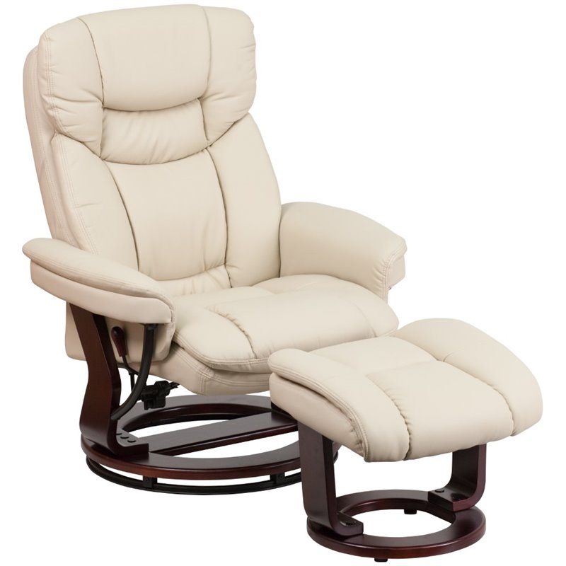 Bowery Hill Contemporary Leather Swivel Recliner and Ottoman in Beige