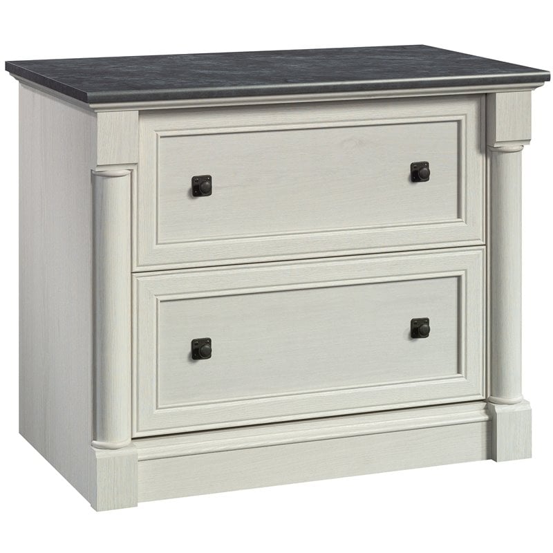 Bowery Hill Engineered Wood Filing Cabinet in Glacier Oak/Rosso Slate Accent