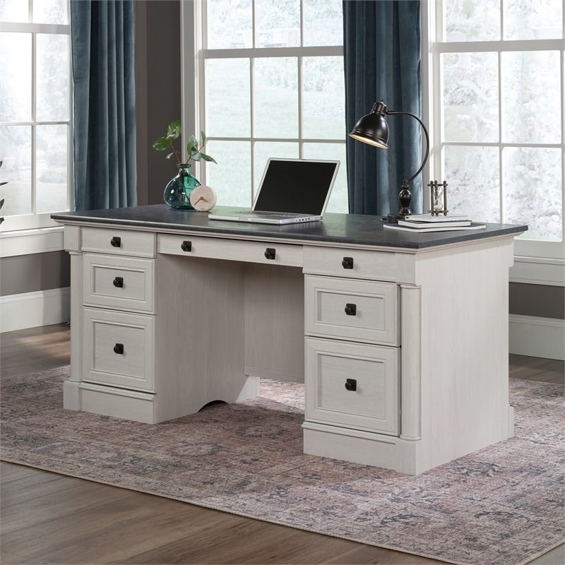 Bowery Hill Engineered Wood Executive Desk in Glacier Oak/Rosso Slate Accent