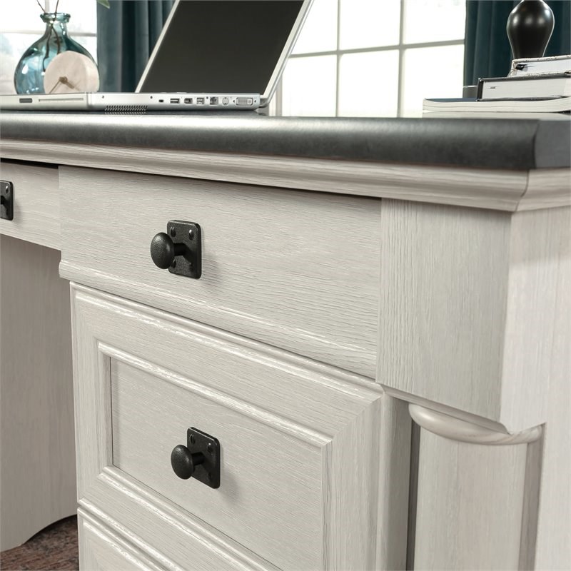 Bowery Hill Engineered Wood Executive Desk in Glacier Oak/Rosso Slate Accent