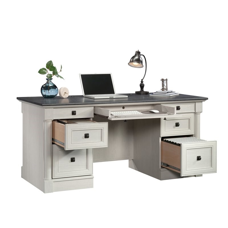Bowery Hill Engineered Wood Executive Desk in Glacier Oak/Rosso Slate Accent