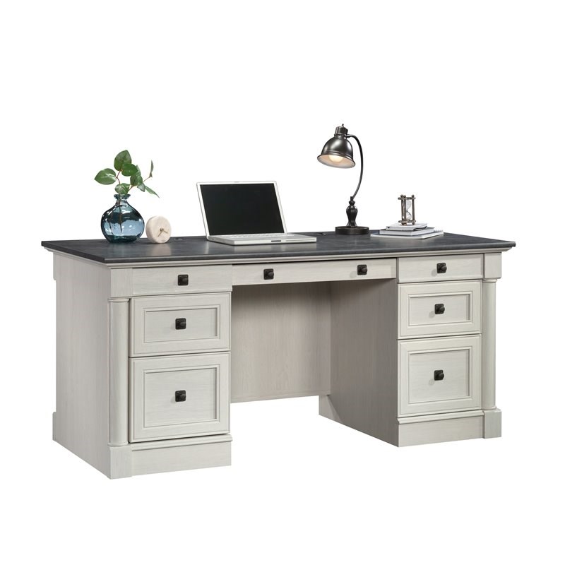 Bowery Hill Engineered Wood Executive Desk in Glacier Oak/Rosso Slate Accent