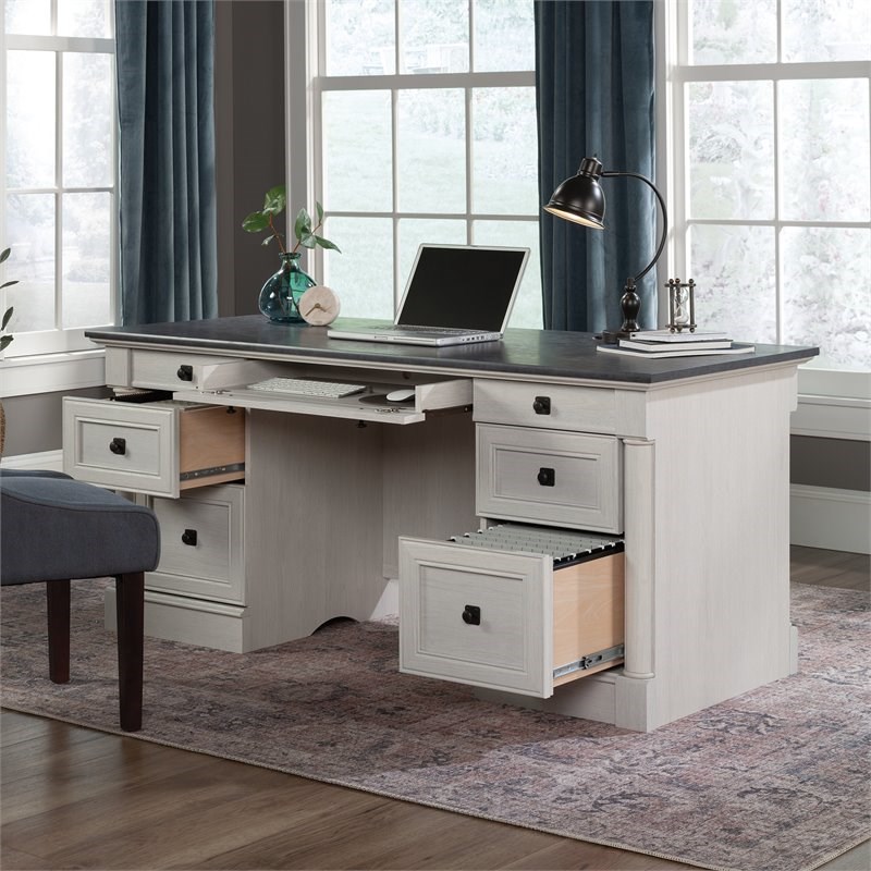 Bowery Hill Engineered Wood Executive Desk in Glacier Oak/Rosso Slate Accent