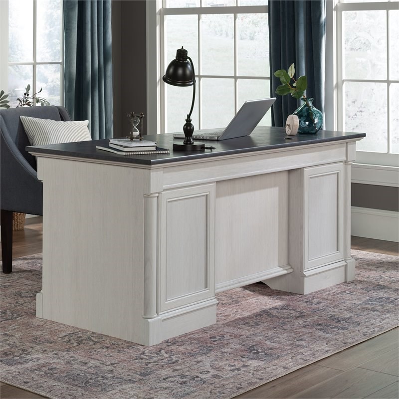 Bowery Hill Engineered Wood Executive Desk in Glacier Oak/Rosso Slate Accent