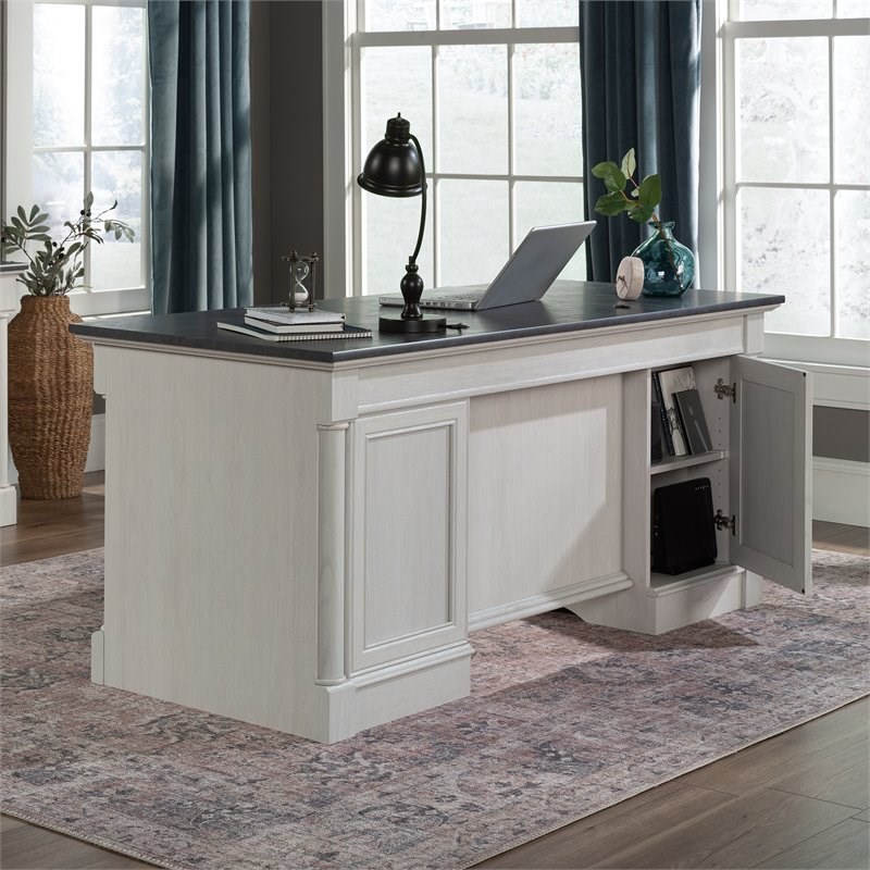 Bowery Hill Engineered Wood Executive Desk in Glacier Oak/Rosso Slate Accent