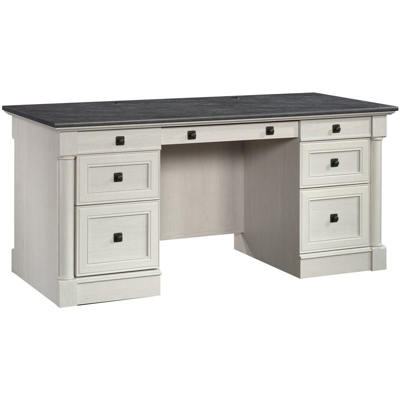 Bowery Hill Engineered Wood Executive Desk in Glacier Oak/Rosso Slate Accent