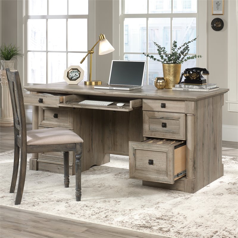 Bowery Hill Engineered Wood Executive Desk in Split Oak Finish