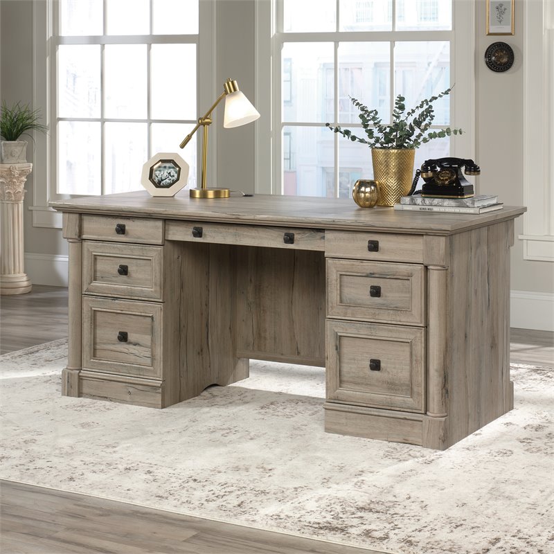 Bowery Hill Engineered Wood Executive Desk in Split Oak Finish