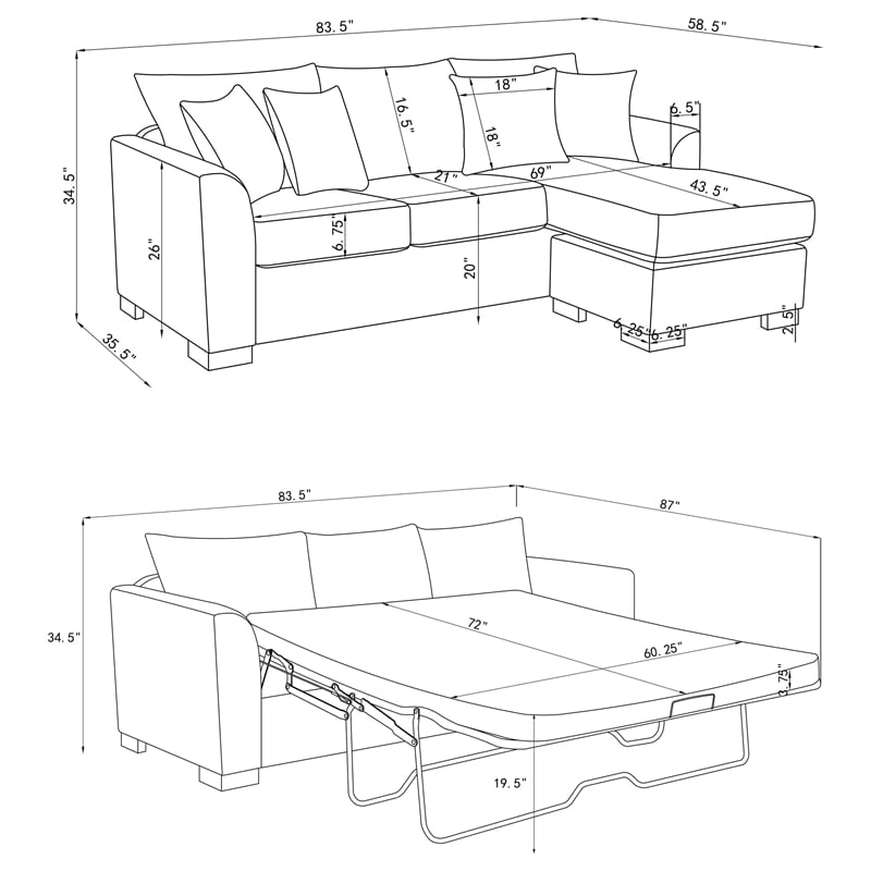 Bowery Hill Fabric Upholstered Sleeper Sectional Chaise Sofa in Dark Gray