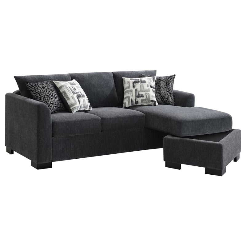 Bowery Hill Fabric Upholstered Sleeper Sectional Chaise Sofa in Dark Gray
