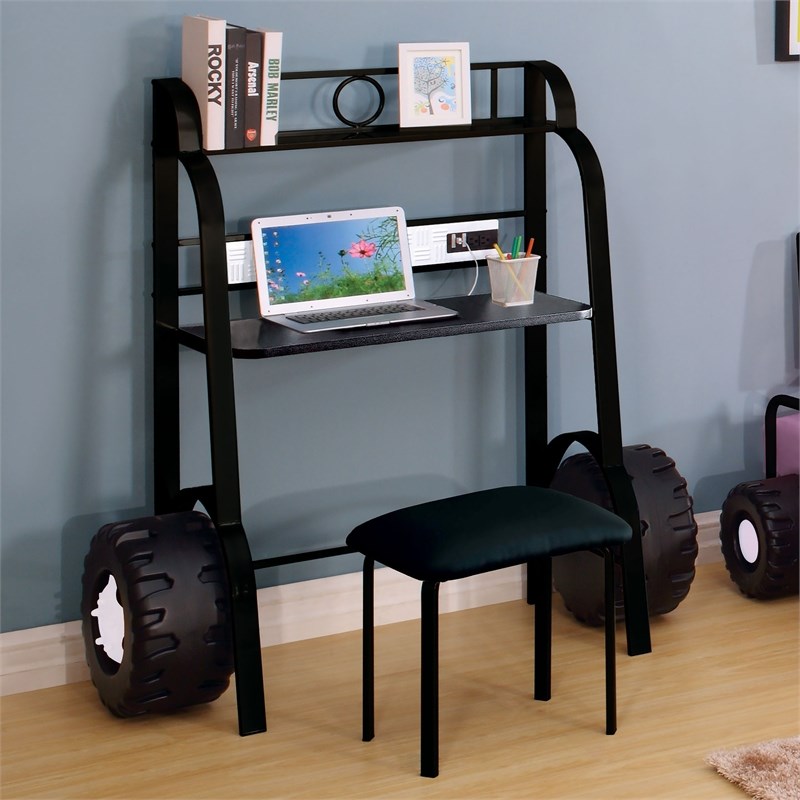 Bowery Hill Traditional Metal Desk with Stool in Black Finish