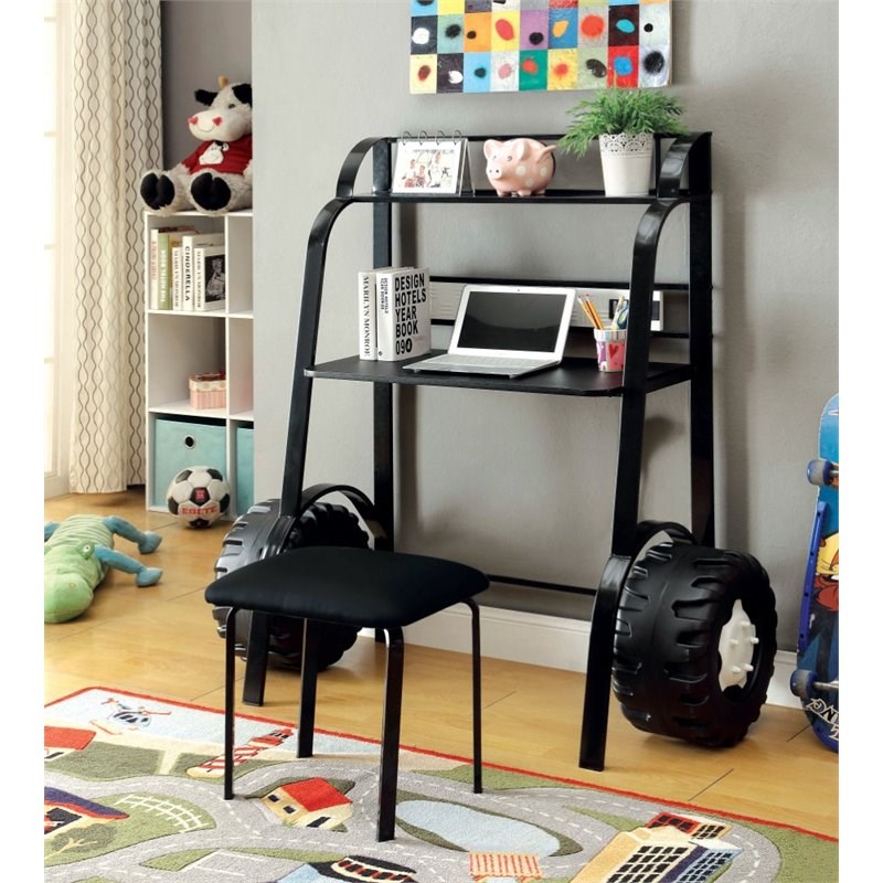 Bowery Hill Traditional Metal Desk with Stool in Black Finish