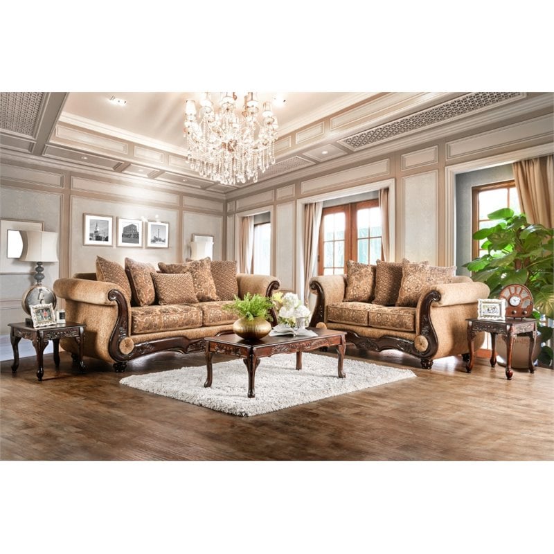 Bowery Hill Traditional Soft Texture Chenille Cushioned Loveseat in Tan