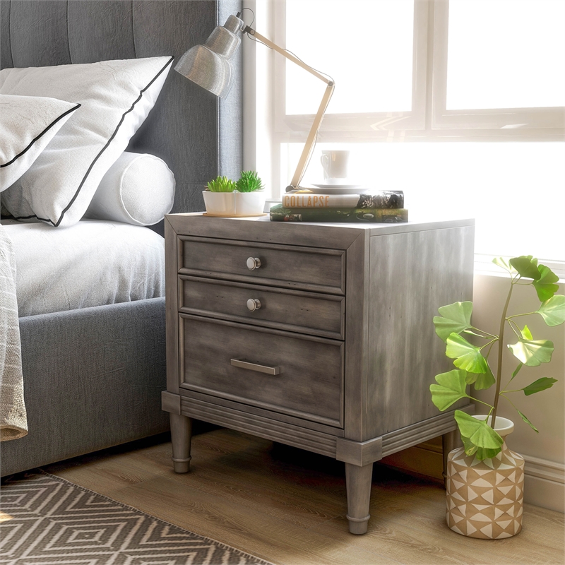 Bowery Hill Contemporary Solid Wood 3-Drawer Nightstand in Gray