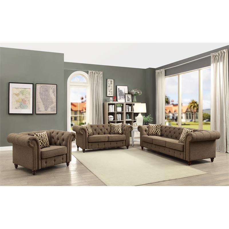 Bowery Hill Tuxedo Linen Fabric Tufted Loveseat with Nailhead Trim in Brown