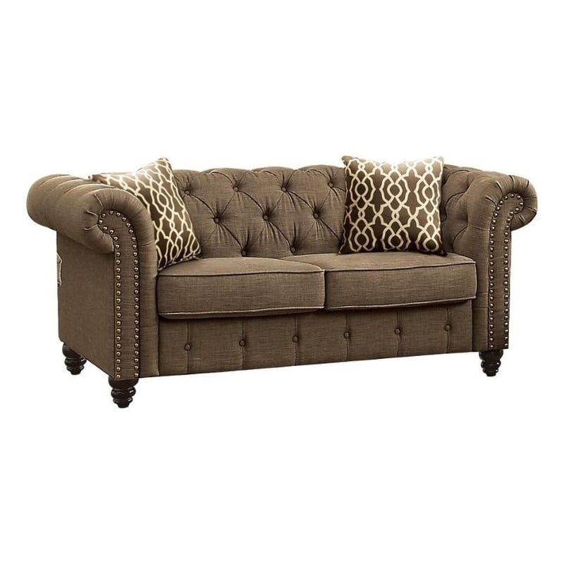 Bowery Hill Tuxedo Linen Fabric Tufted Loveseat with Nailhead Trim in Brown