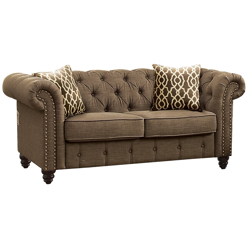 Bowery Hill Tuxedo Linen Fabric Tufted Loveseat with Nailhead Trim in Brown