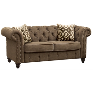 Bowery Hill Tuxedo Linen Fabric Tufted Loveseat with Nailhead Trim in Brown