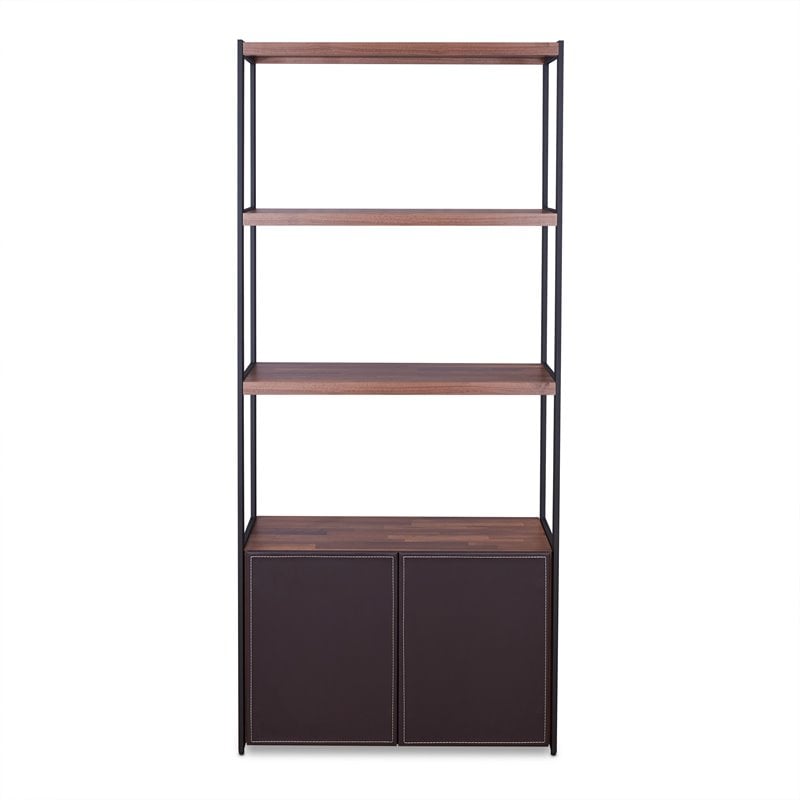 Bowery Hill 3 Shelf Wooden Bookcase with 2 Doors in Walnut and Sandy Black