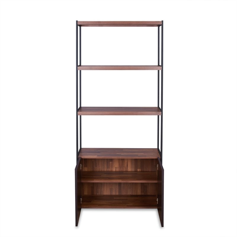 Bowery Hill 3 Shelf Wooden Bookcase with 2 Doors in Walnut and Sandy Black
