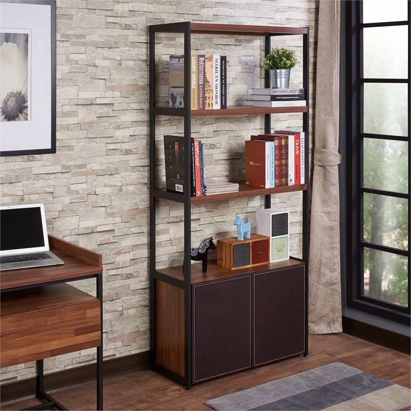 Bowery Hill 3 Shelf Wooden Bookcase with 2 Doors in Walnut and Sandy Black