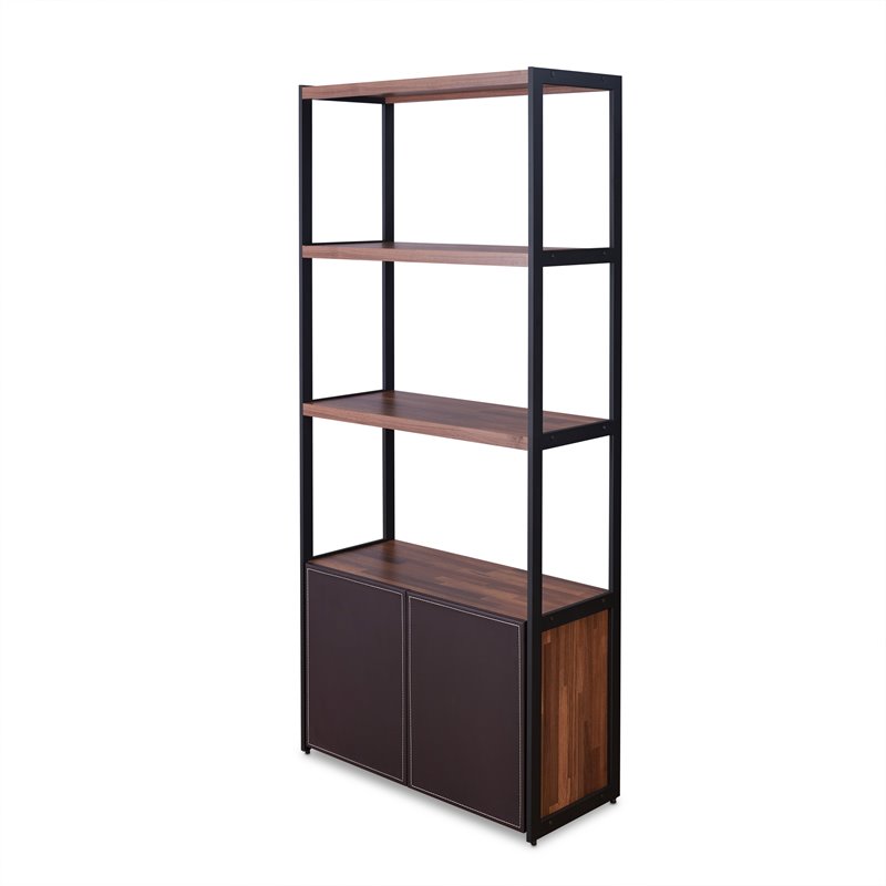 Bowery Hill 3 Shelf Wooden Bookcase with 2 Doors in Walnut and Sandy Black