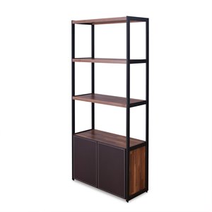 Bowery Hill 3 Shelf Wooden Bookcase with 2 Doors in Walnut and Sandy Black