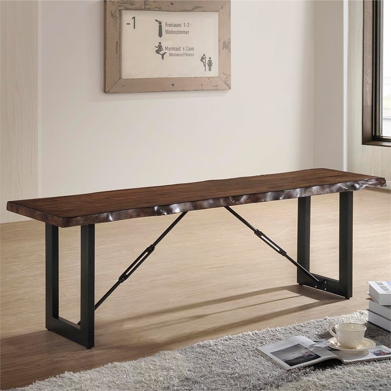 Bowery Hill Wood Striking Geometric Legs Dining Bench in Walnut