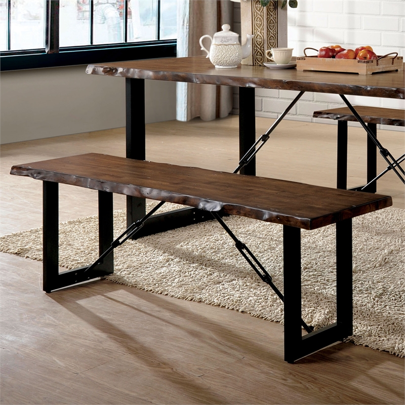 Bowery Hill Wood Striking Geometric Legs Dining Bench in Walnut