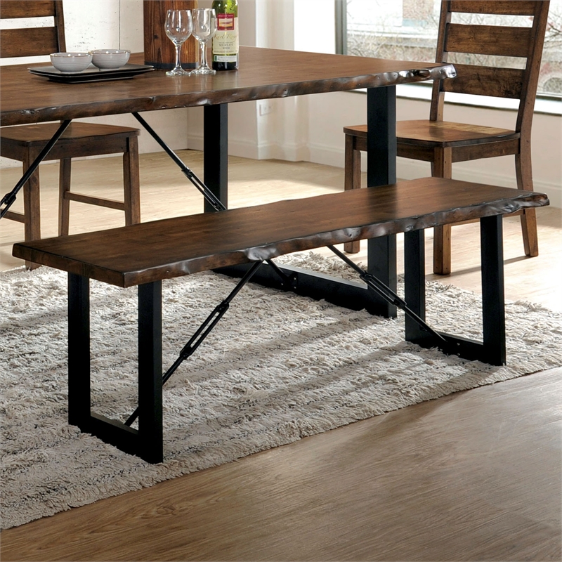 Bowery Hill Wood Striking Geometric Legs Dining Bench in Walnut