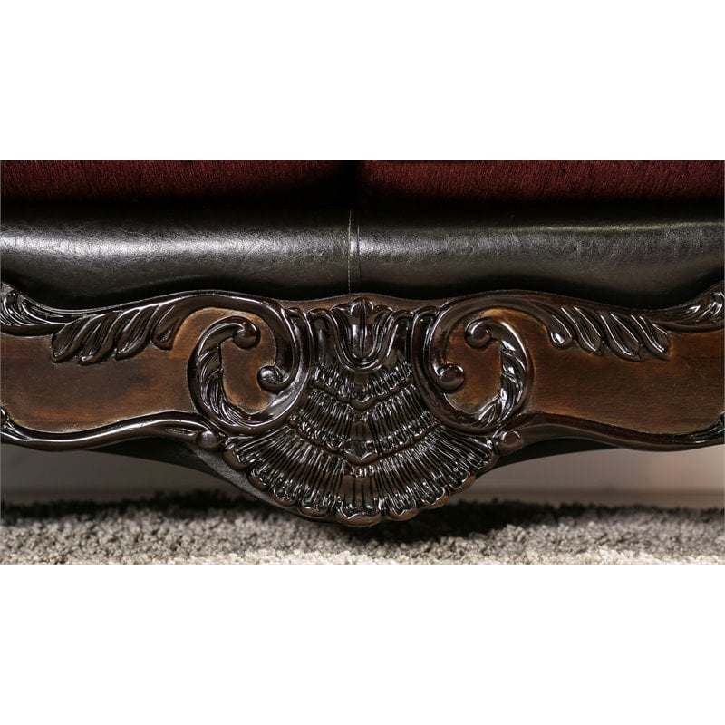 Bowery Hill Faux Leather Tufted Sofa in Burgundy and Dark Brown