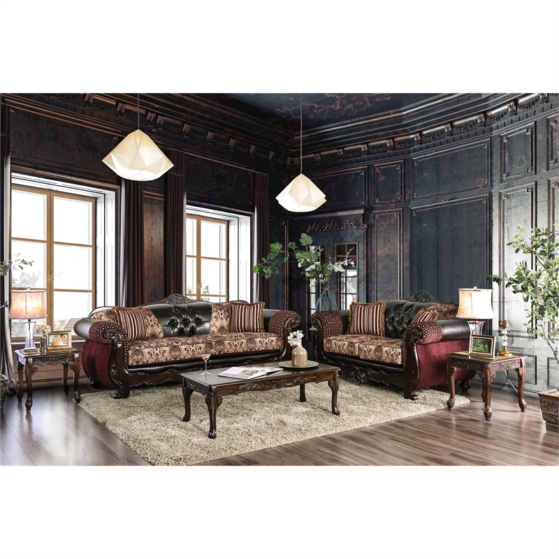 Bowery Hill Faux Leather Tufted Sofa in Burgundy and Dark Brown