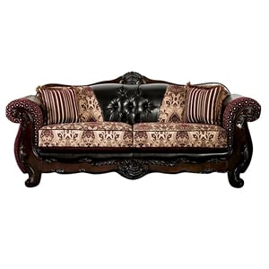 Bowery Hill Faux Leather Tufted Sofa in Burgundy and Dark Brown