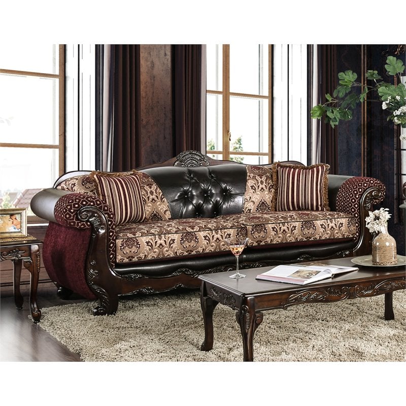 Bowery Hill Faux Leather Tufted Sofa in Burgundy and Dark Brown