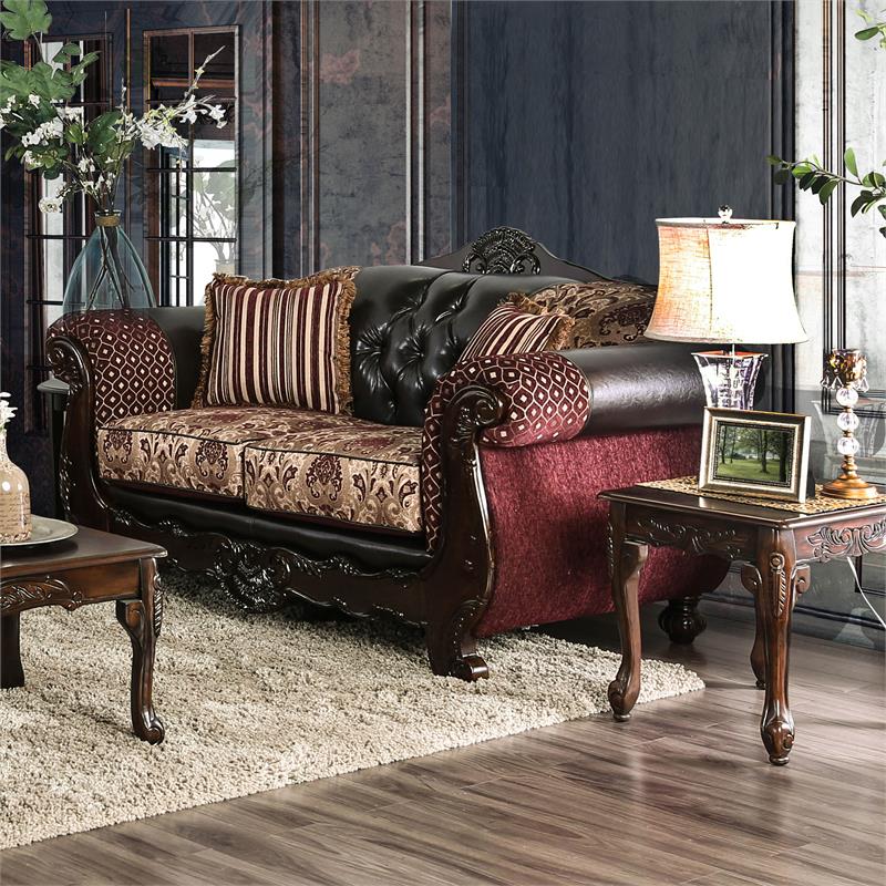 Bowery Hill Faux Leather 2-Piece Sofa Set in Dark Brown & Burgundy