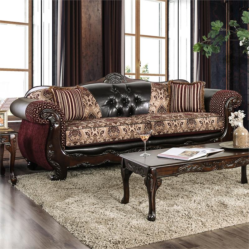 Bowery Hill Faux Leather 2-Piece Sofa Set in Dark Brown & Burgundy