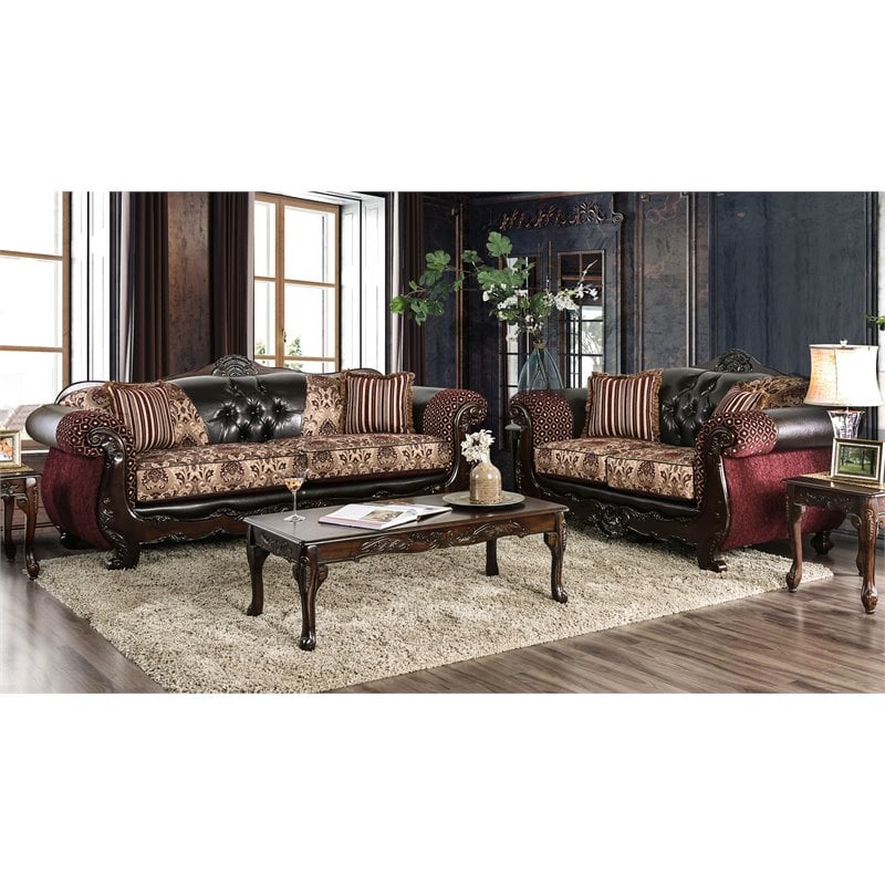 Bowery Hill Faux Leather 2-Piece Sofa Set in Dark Brown & Burgundy
