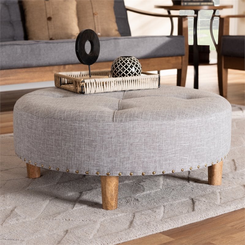 Bowery Hill Tufted Fabric and Wood Coffee Table Ottoman in Light Gray
