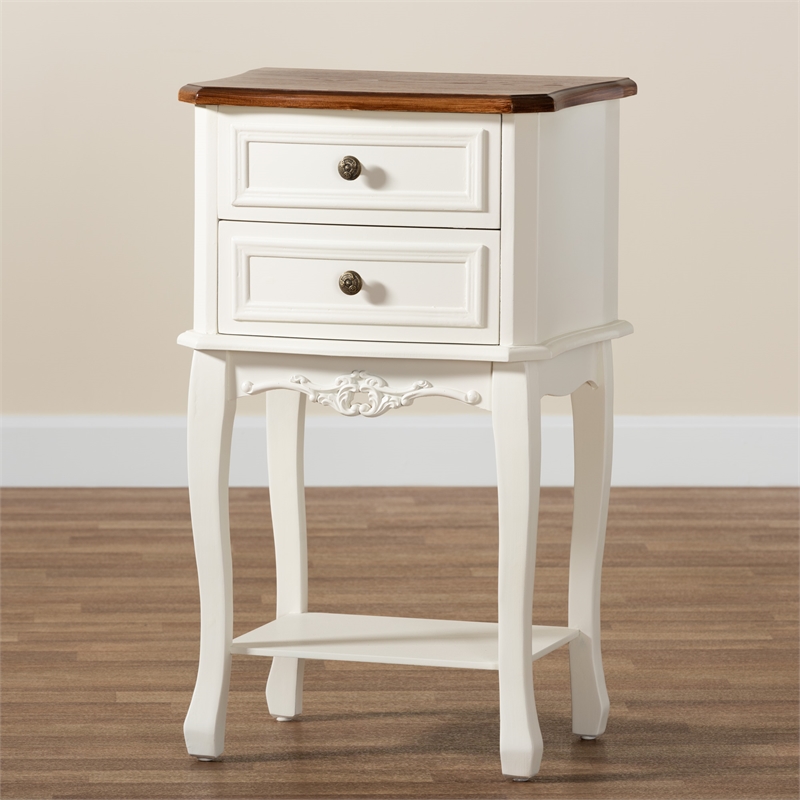 Bowery Hill French White and Cherry Brown Wood 2-Drawer End Table