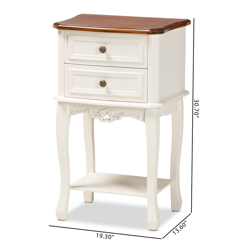 Bowery Hill French White and Cherry Brown Wood 2-Drawer End Table
