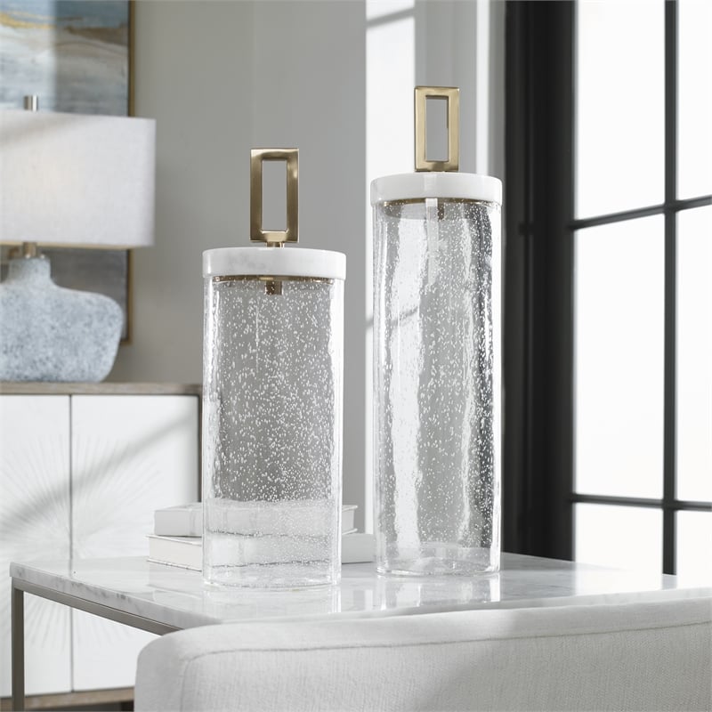 Bowery Hill Seeded Glass and Marble Containers in White (Set of 2)
