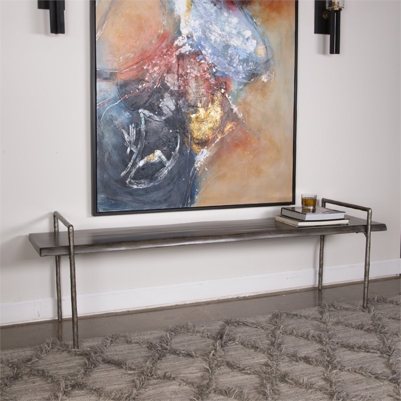 Bowery Hill Contemporary Iron and Wood Bench in Dark Gray/Silver