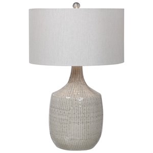 Bowery Hill Farmhouse Ceramic and Fabric Table Lamp in Light Gray