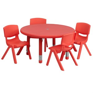 Bowery Hill 5 Piece 33&quot Round Height Adjustable Plastic Table Set in Red