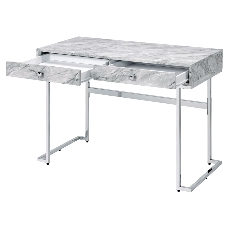 Bowery Hill Faux Marble Top Writing Desk with 2 Drawers in White and Chrome