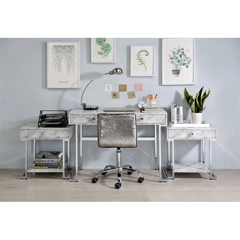 Bowery Hill Faux Marble Top Writing Desk with 2 Drawers in White and Chrome