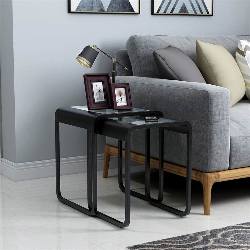 Bowery Hill Modern Glass Top 2-Piece Nesting Table Set in Black