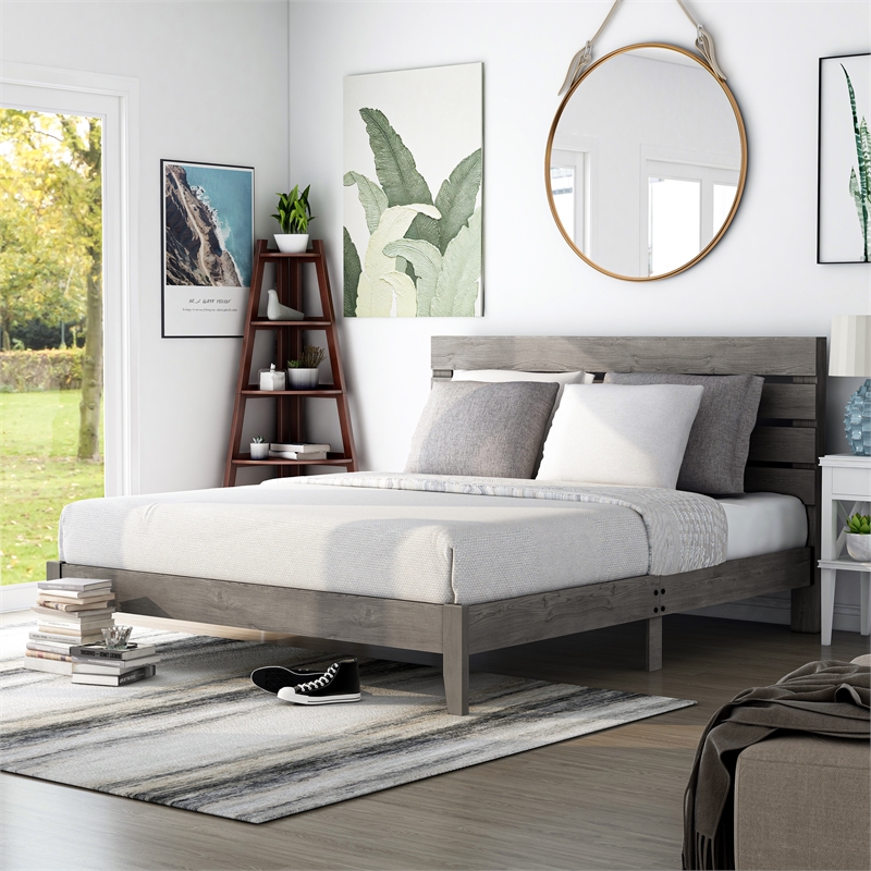 Bowery Hill Transitional Wood California King Slatted Bed in Gray