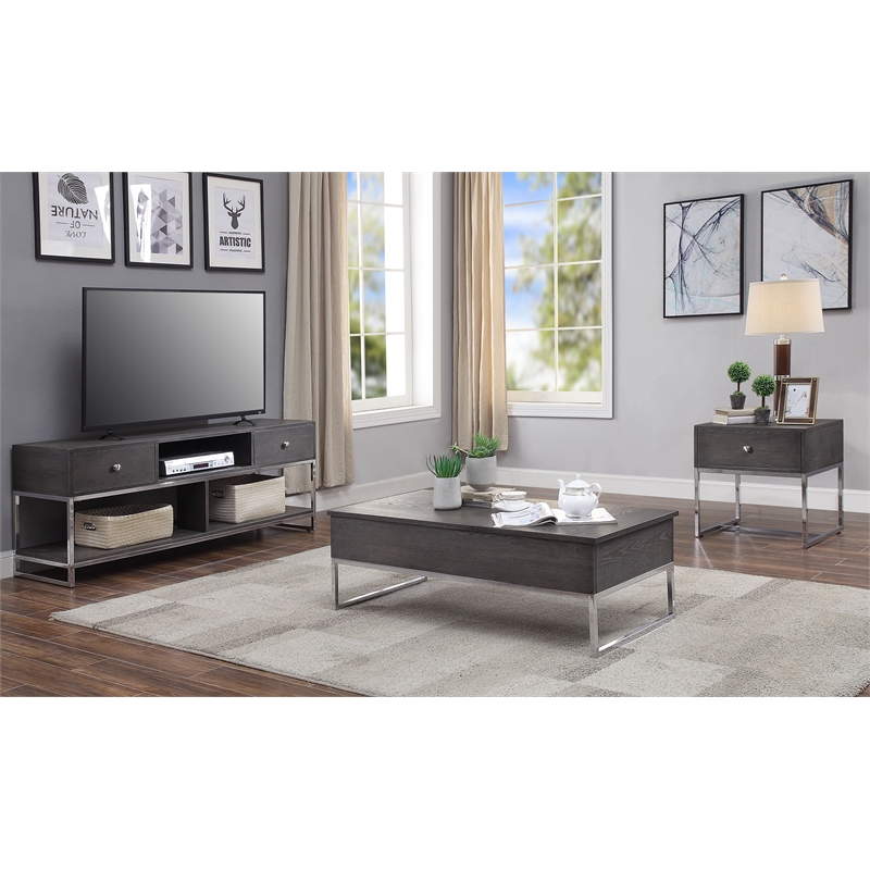 Bowery Hill Coffee Table with Lift Top in Gray Oak and Chrome