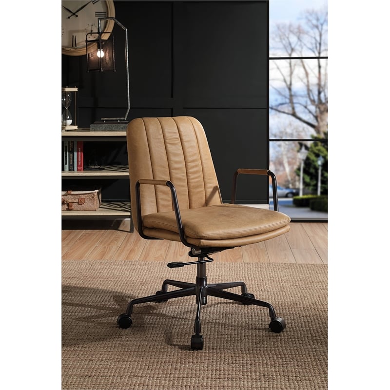 Bowery Hill Leather Adjustable Height Swivel Office Chair in Brown